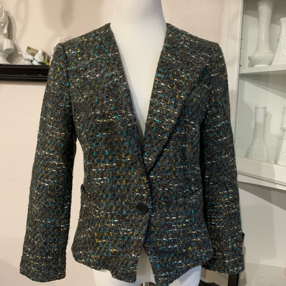 Ann Taylor Size 4 Tweed Teal Lined Blazer Jacket